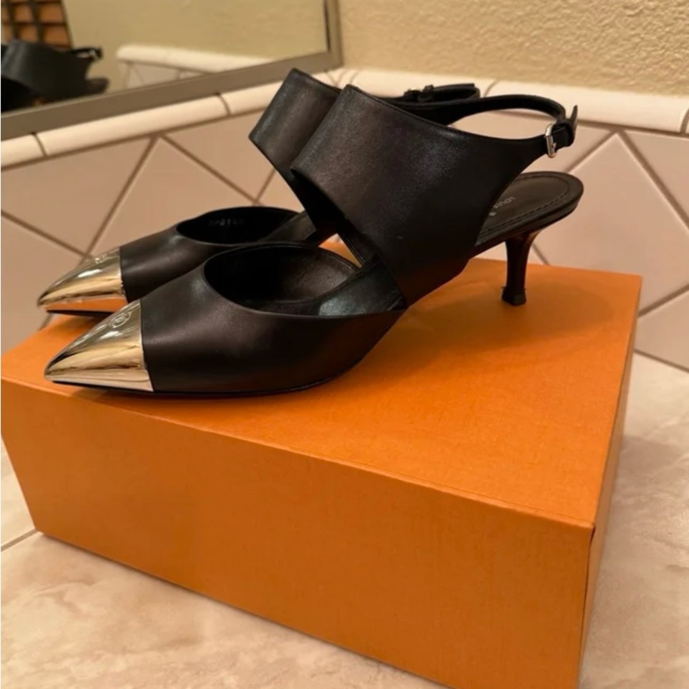 LV Black Leather Heels with Silver LV Logo Tips.